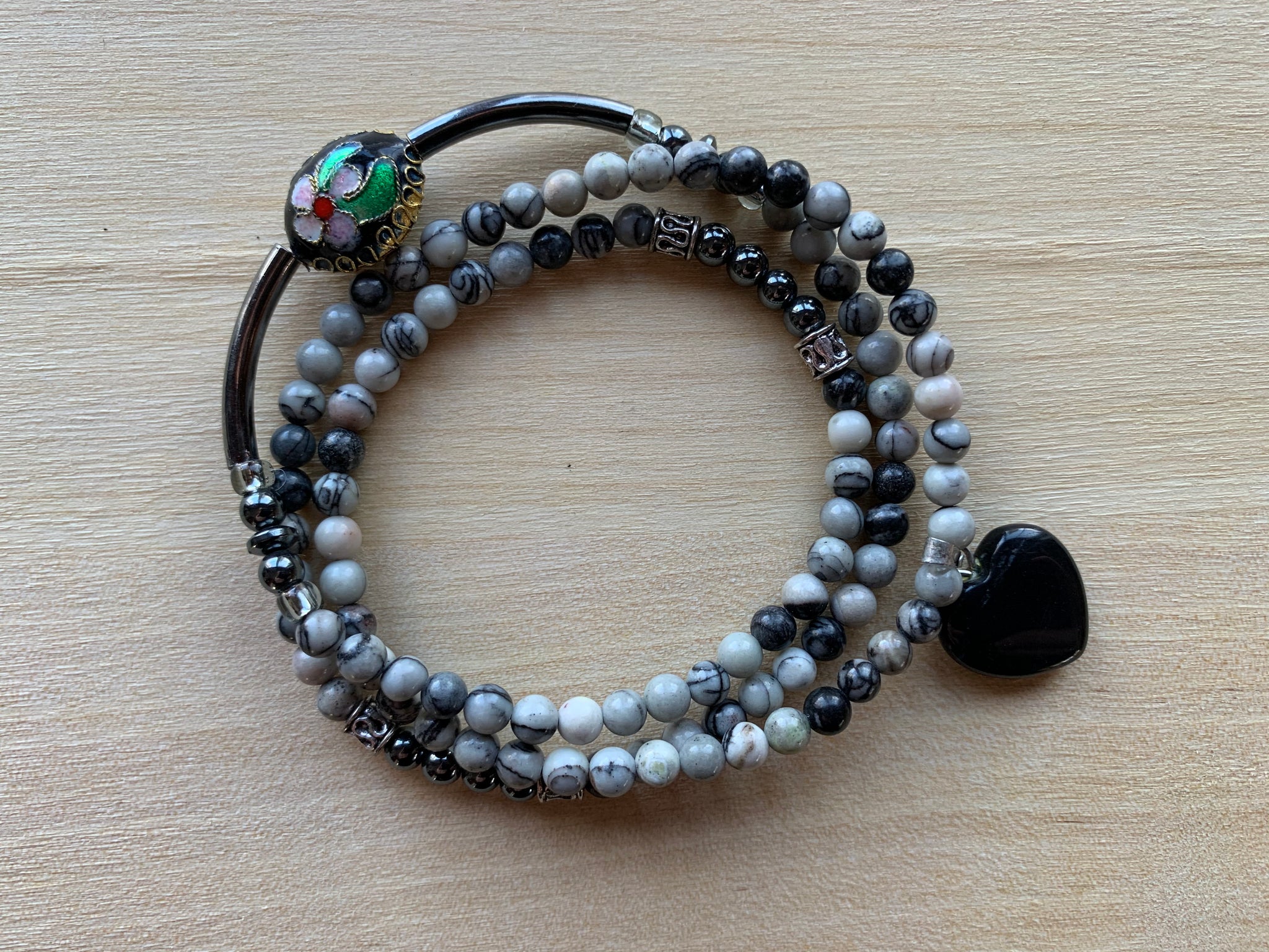Black silk stone mala twist bracelet