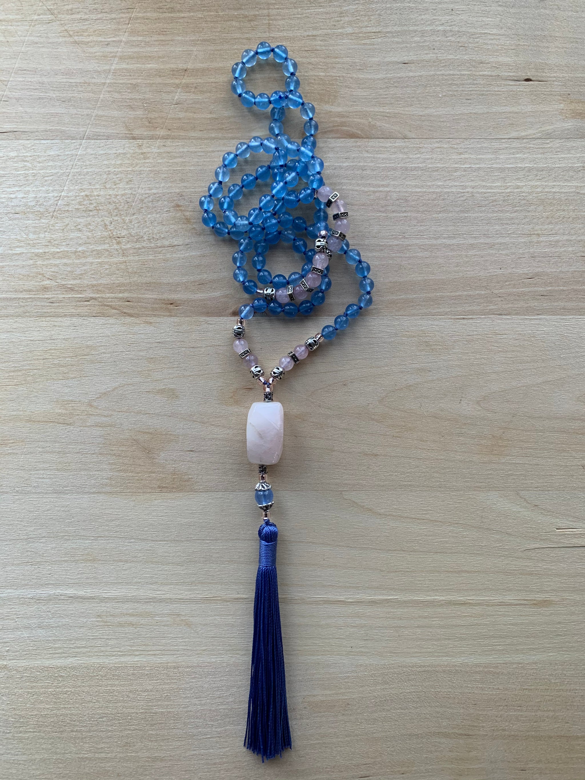 TICSANI Blue Chalcedony and Rose Quartz Mala necklace