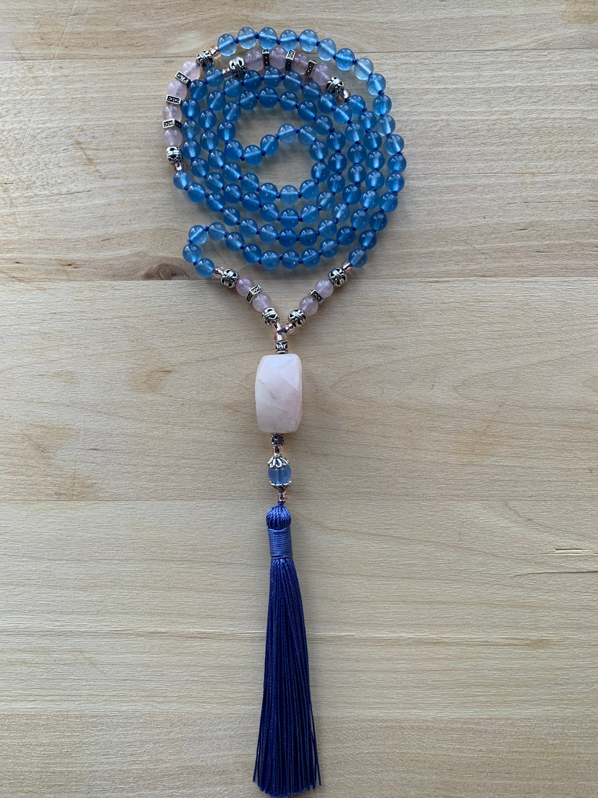 TICSANI Blue Chalcedony and Rose Quartz Mala necklace