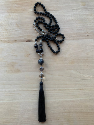 CINDER Mala necklace with Black Onyx and Clear Quartz