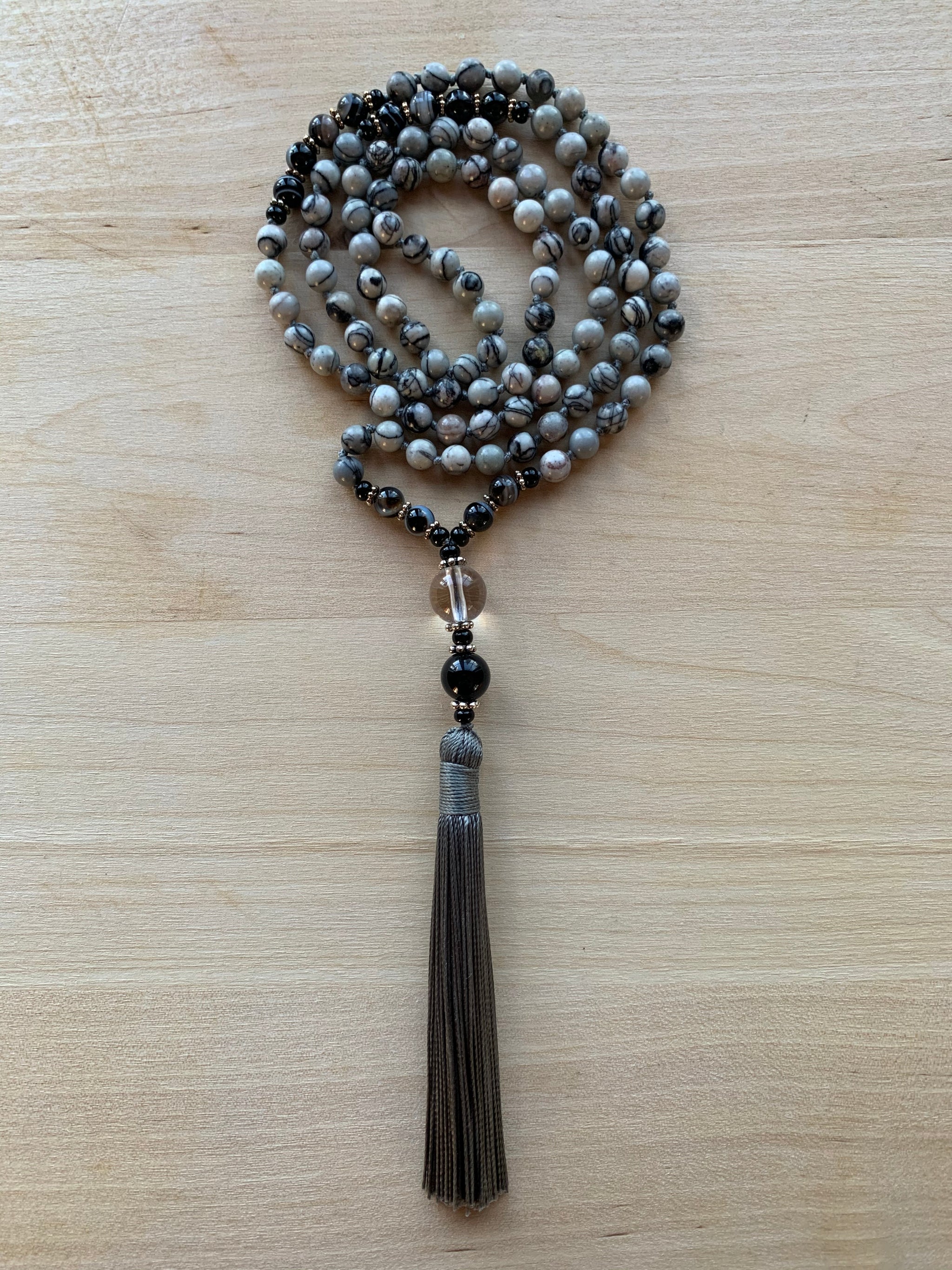 Transformation Hand-Made Knotted 108 Bead 6mm Meditation Mala Necklace,  Moss Agate, Sandalwood, & Howlite
